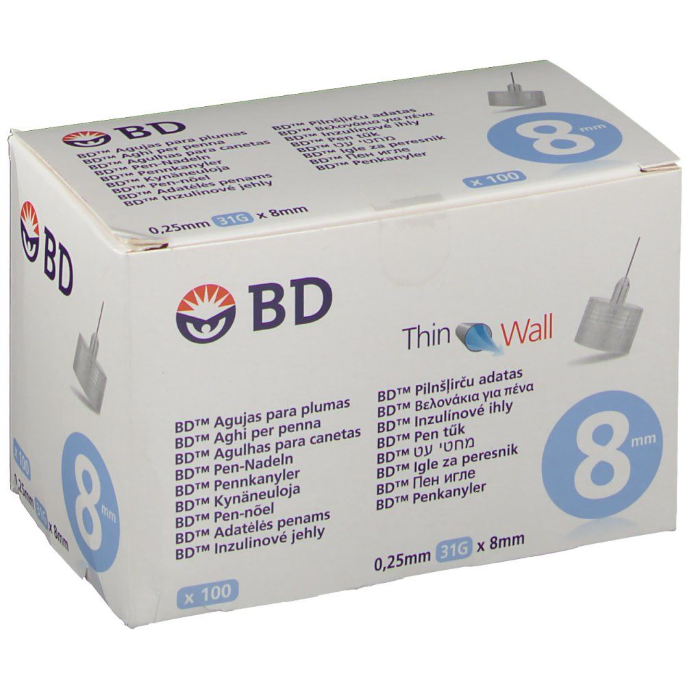 Karton mit BD Pen-Nadeln. Aufschrift: 0,25 mm x 8 mm, x 100. Logo: BD. Abbildung einer Nadel. Blaue 8.