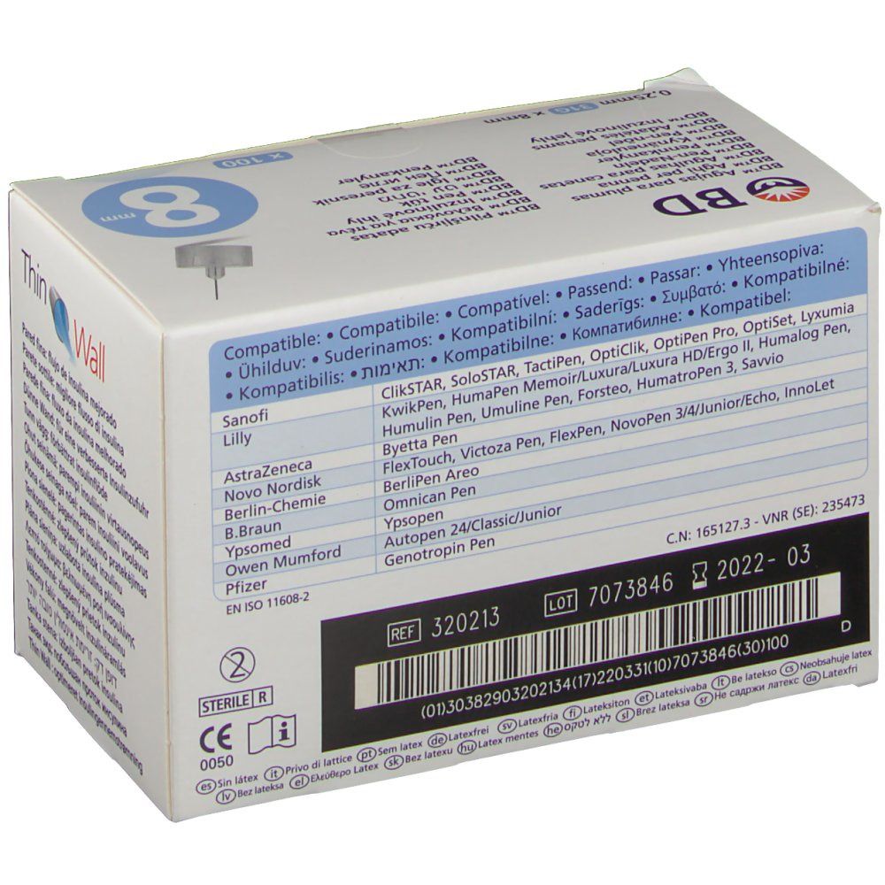 Rückseite der BD Pen-Nadeln-Verpackung. Auflistung kompatibler Pens. Barcode, Chargennummer, Verfallsdatum. CE-Zeichen.