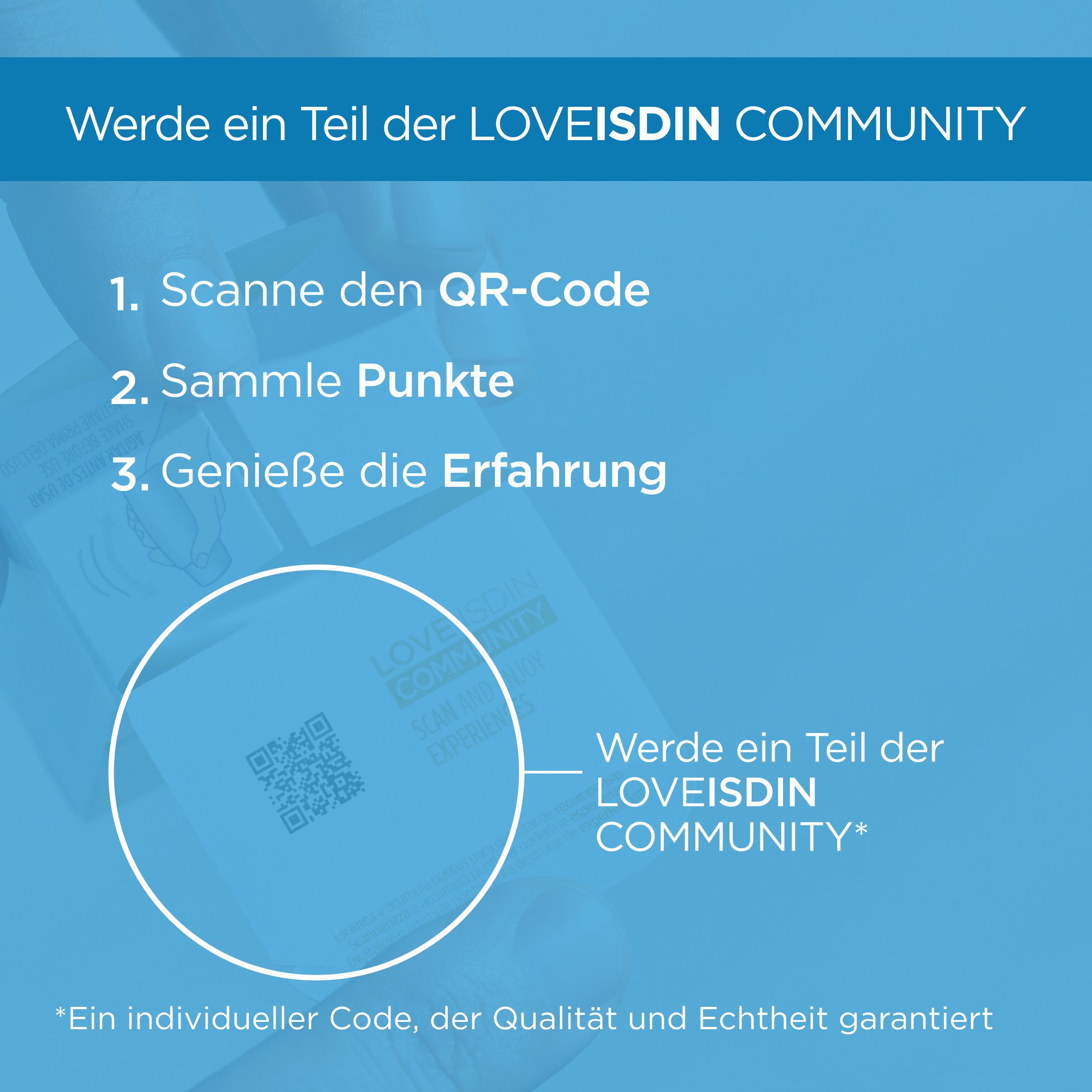 QR-Code auf weißem Hintergrund. Text: Werde ein Teil der LOVEISDIN COMMUNITY.