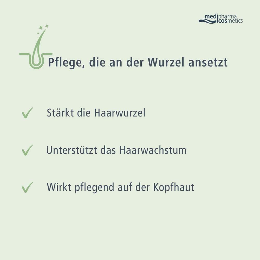 Grafik: Pflege, die an der Wurzel ansetzt. Stichworte: Stärkt die Haarwurzel, unterstützt das Haarwachstum.
