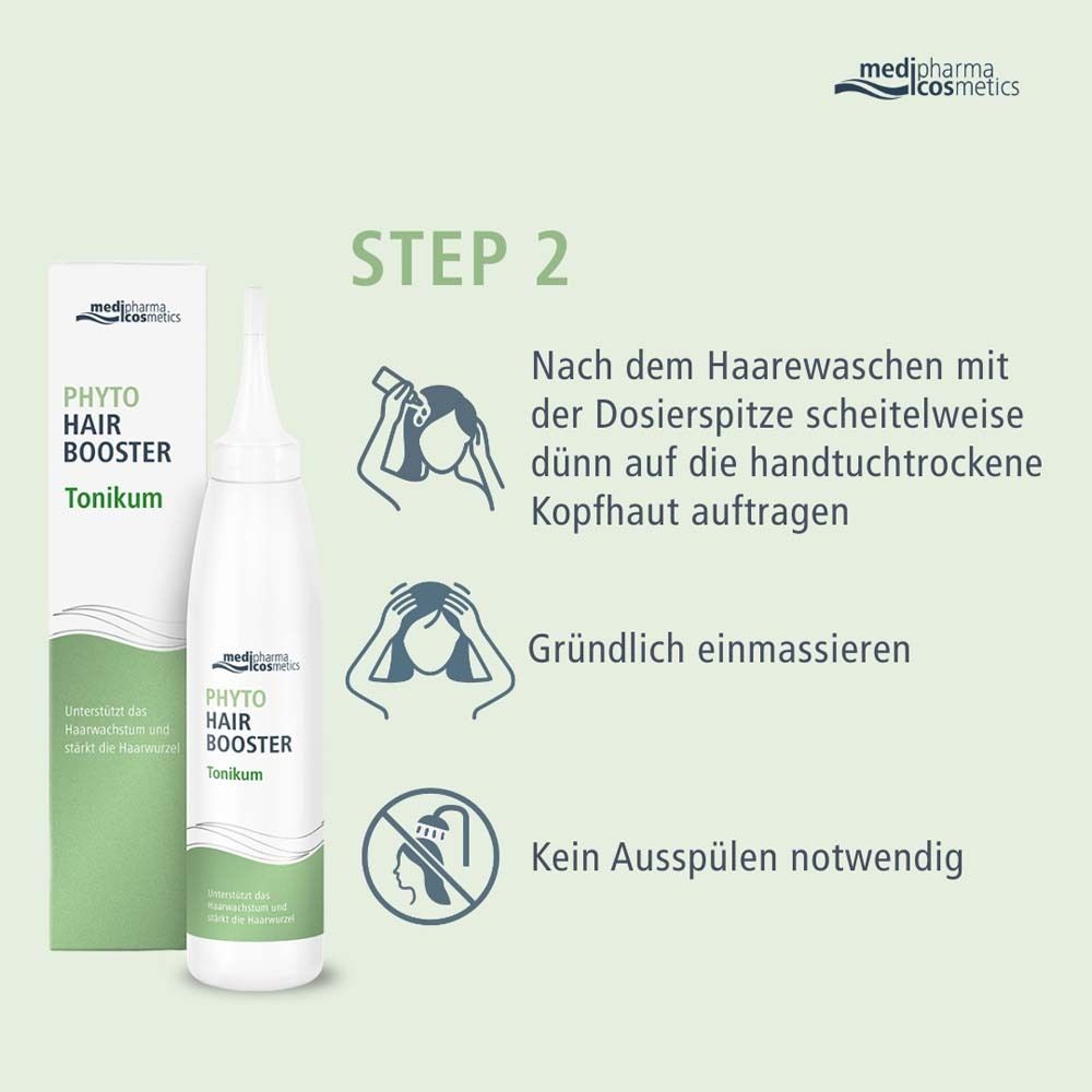 Schritt 2: Anwendung. Scheitelweise auftragen, einmassieren. Kein Ausspülen.