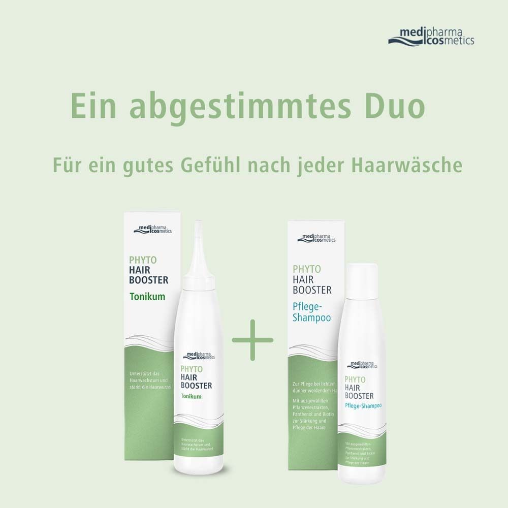 Zwei Produkte: PHYT Hair Booster Tonikum und Pflege-Shampoo. Marke: medipharma cosmetics.