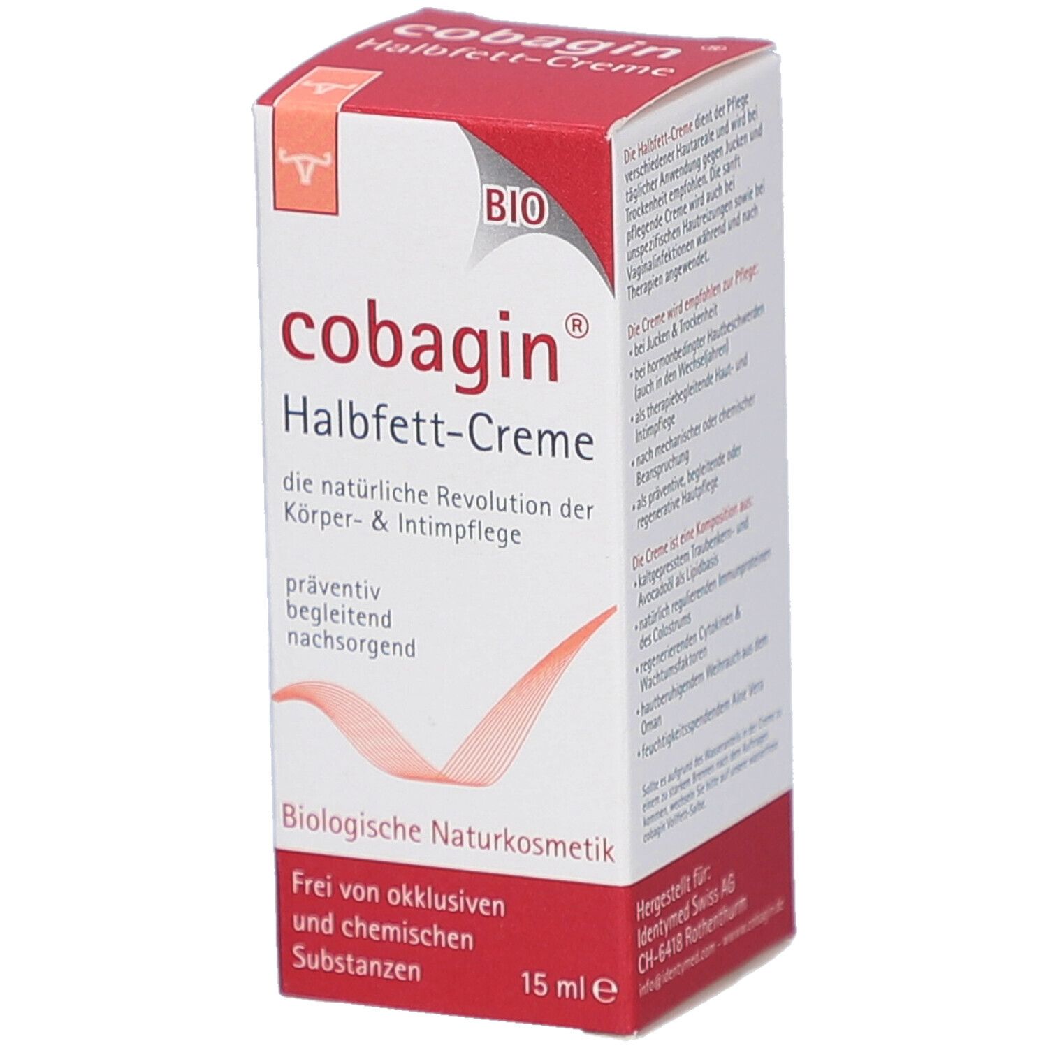 Verpackung von COBAGIN Halbfett-Creme. Rote und weiße Schachtel mit Produktnamen und Bio-Siegel. 15 ml.
