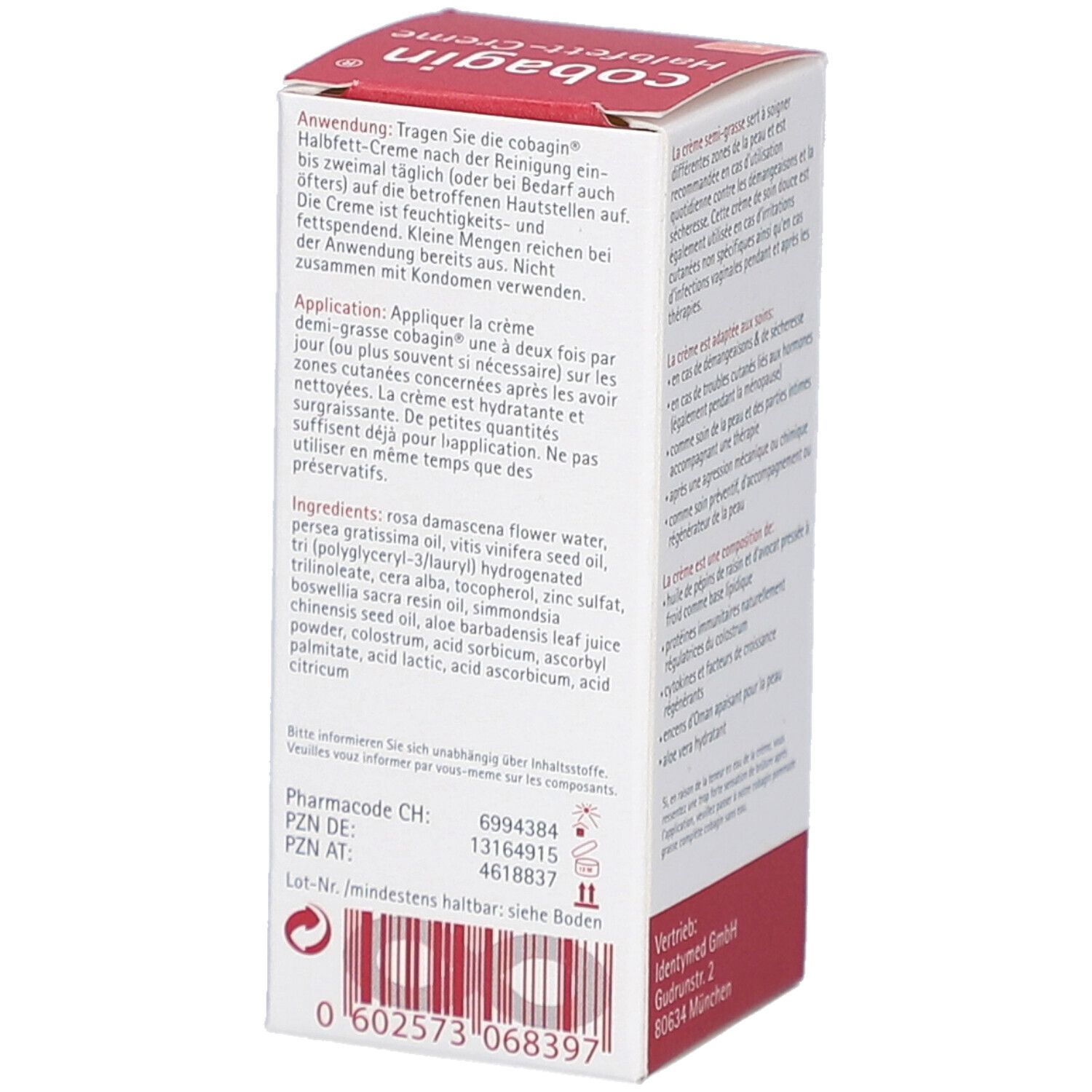 COBAGIN Halbfett-Creme Verpackung. Rückseite mit Anwendungs- und Inhaltsstoffangaben. PZN- und Chargennummer.
