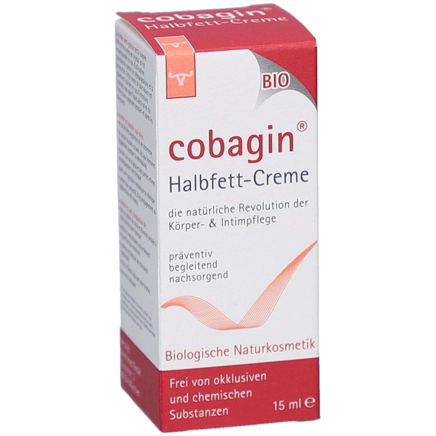 COBAGIN Halbfett-Creme Verpackung. Vorderansicht der Schachtel mit Produktnamen und Bio-Siegel. 15 ml.