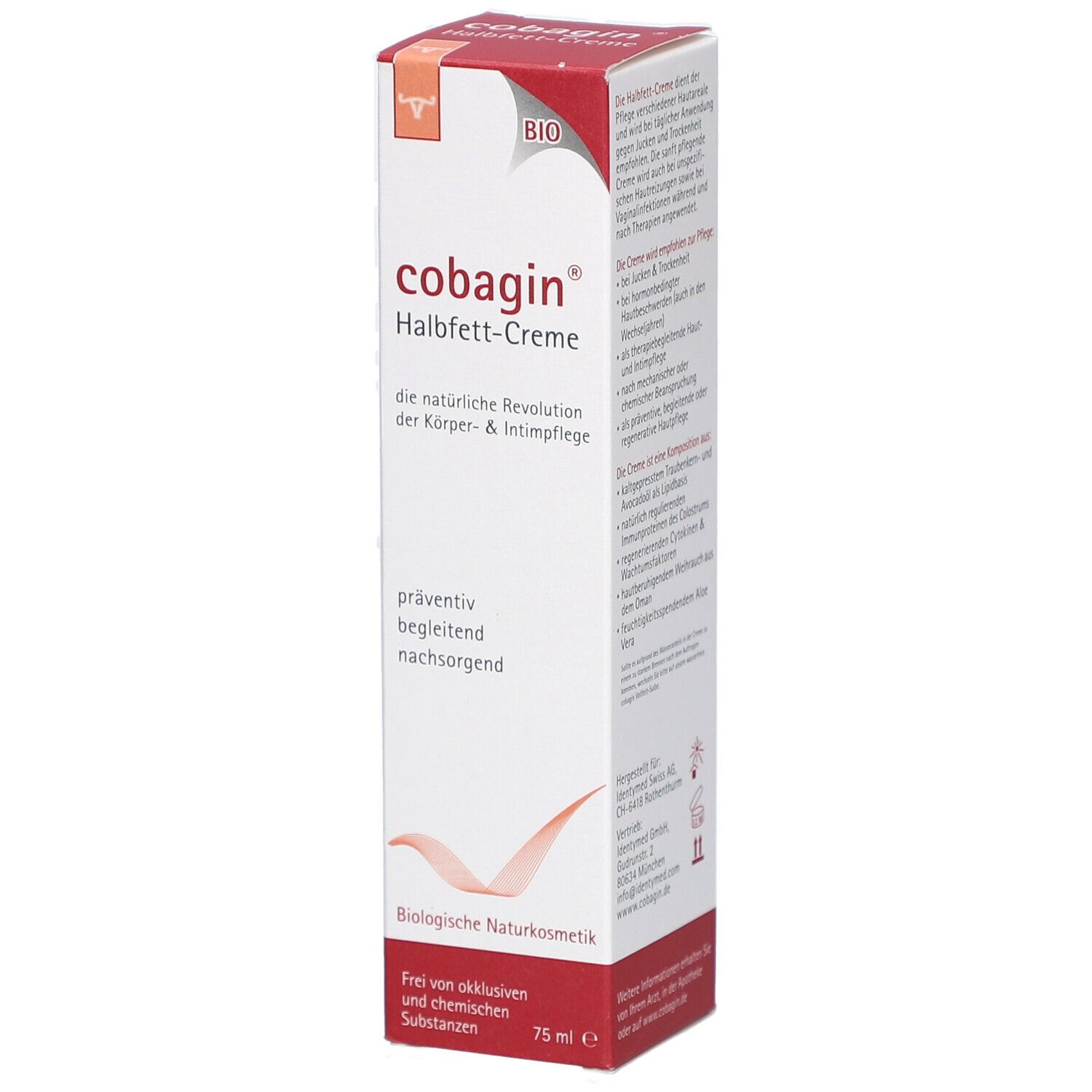 Weißer Karton mit rotem Deckel. Aufschrift: cobagin Halbfett-Creme. Bio-Siegel. Text: die natürliche Revolution der Körper- & Intimpflege.