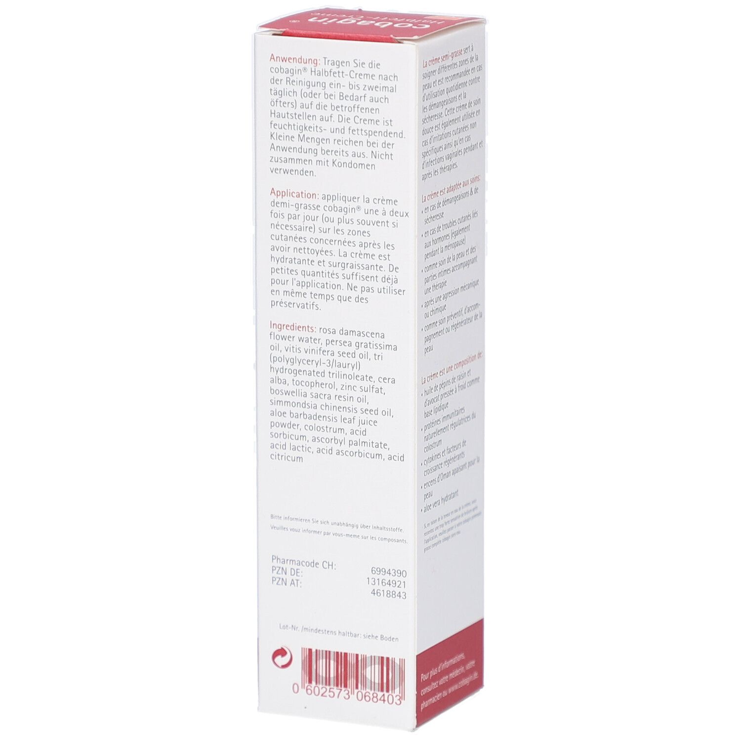 Rückseite der Verpackung. Text in deutscher Sprache. Enthält Informationen zur Anwendung und Inhaltsstoffe.