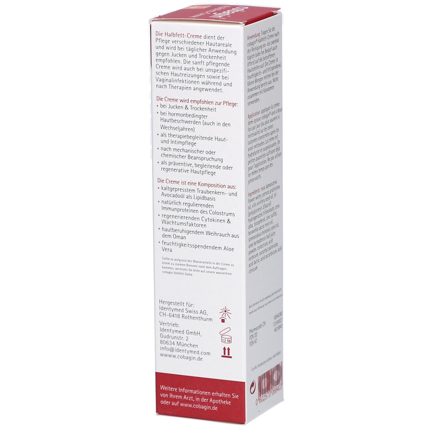 Seitenansicht der Verpackung. Text in deutscher Sprache. Enthält Informationen zur Anwendung und Inhaltsstoffe.