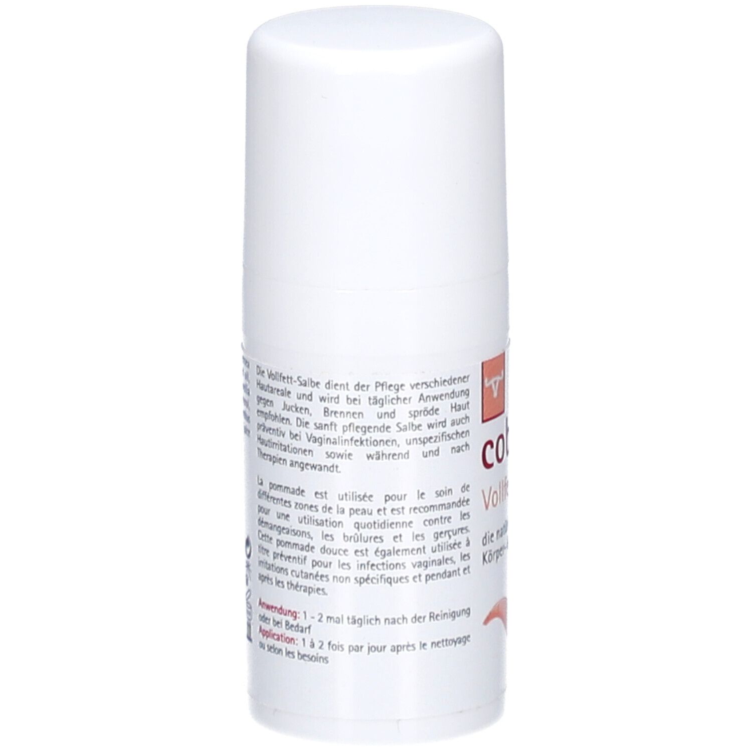 Rückseite des weißen Roll-on-Behälters. Text in deutscher und französischer Sprache. Orangefarbenes Logo. Anwendungshinweise.