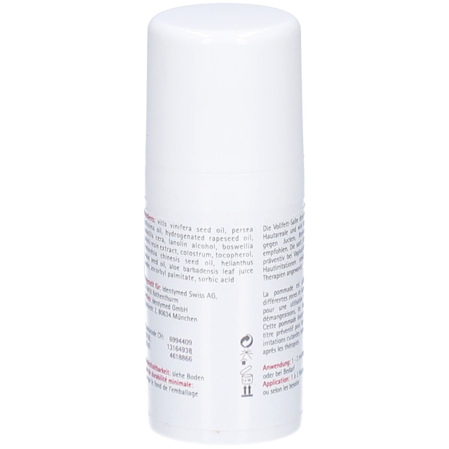 Rückseite des weißen Roll-on-Behälters. Auflistung der Inhaltsstoffe. Text in deutscher und französischer Sprache. Logo.