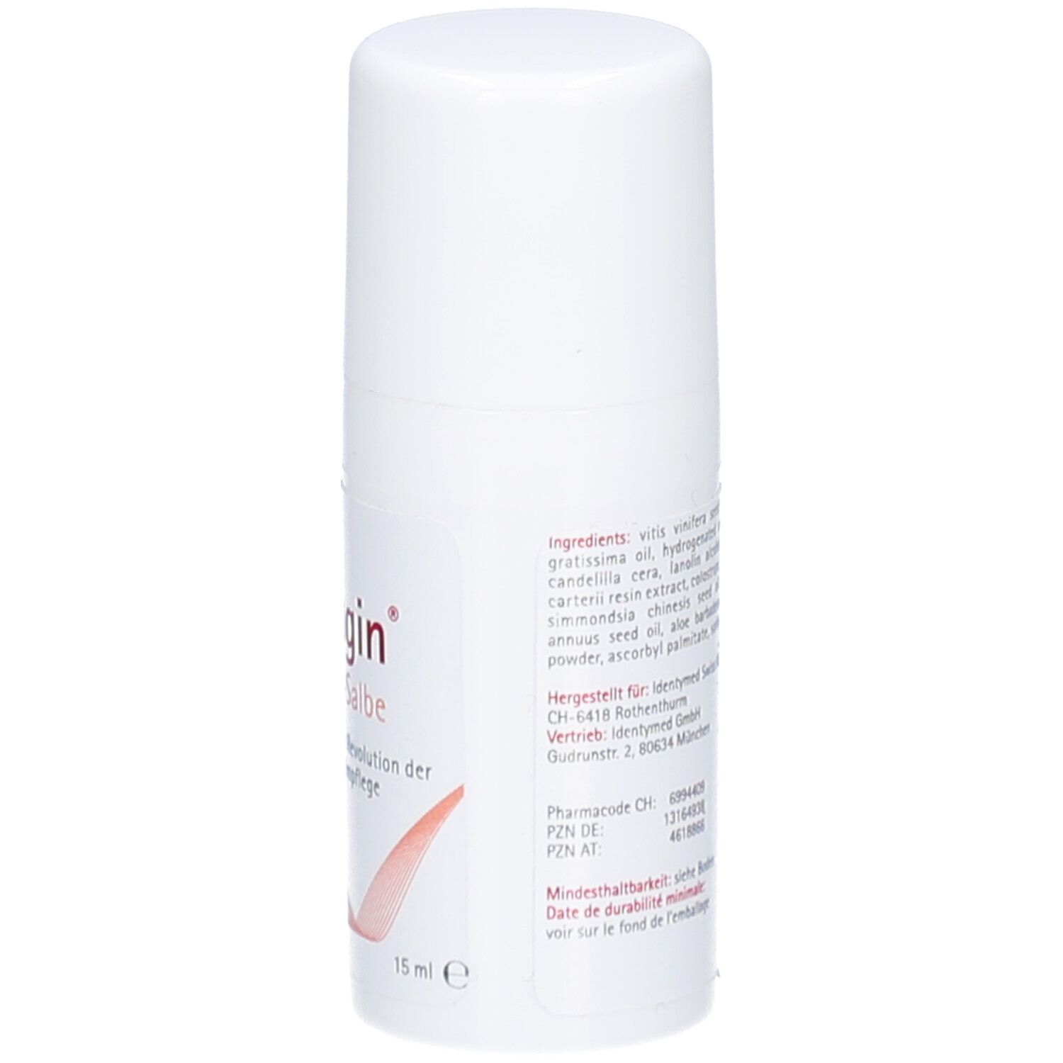 Weißer Roll-on-Behälter mit orangefarbenem Etikett. Aufschrift: cobagin® Vollfett-Salbe. Logo mit stilisiertem Tier. 15 ml.