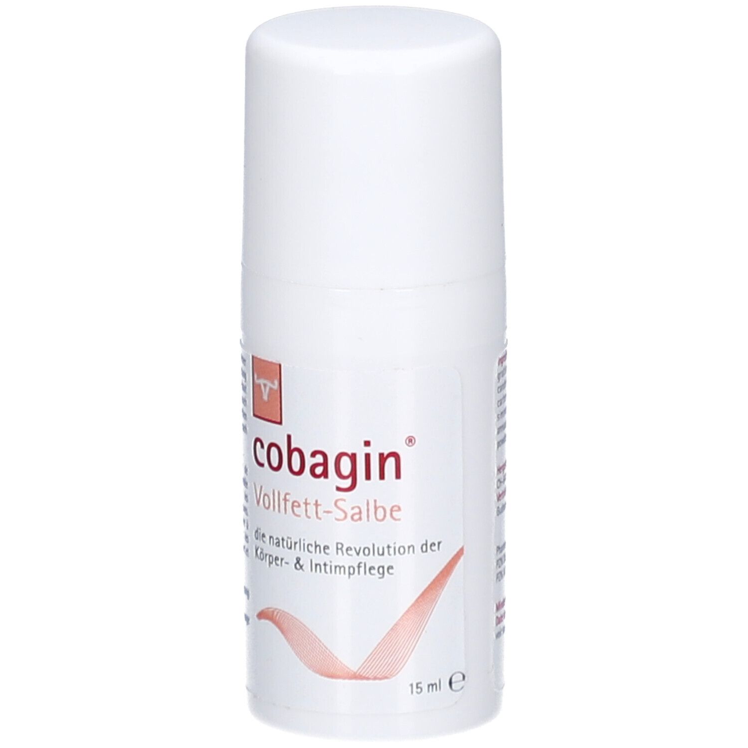 Weißer Roll-on-Behälter mit orangefarbenem Etikett. Aufschrift: cobagin® Vollfett-Salbe. Logo mit stilisiertem Tier. 15 ml.