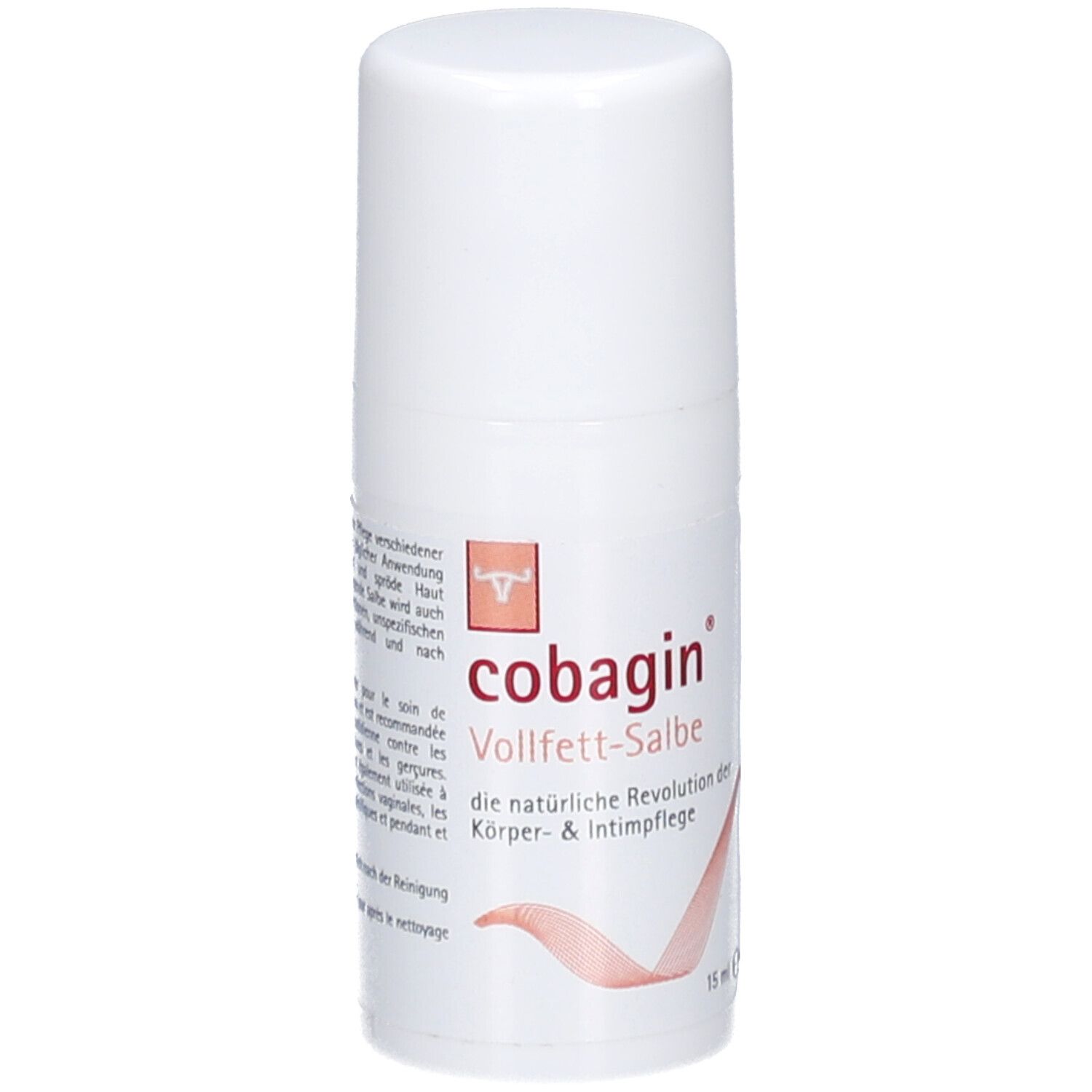 Weißer Roll-on-Behälter mit orangefarbenem Etikett. Aufschrift: cobagin® Vollfett-Salbe. Logo mit stilisiertem Tier. 15 ml.