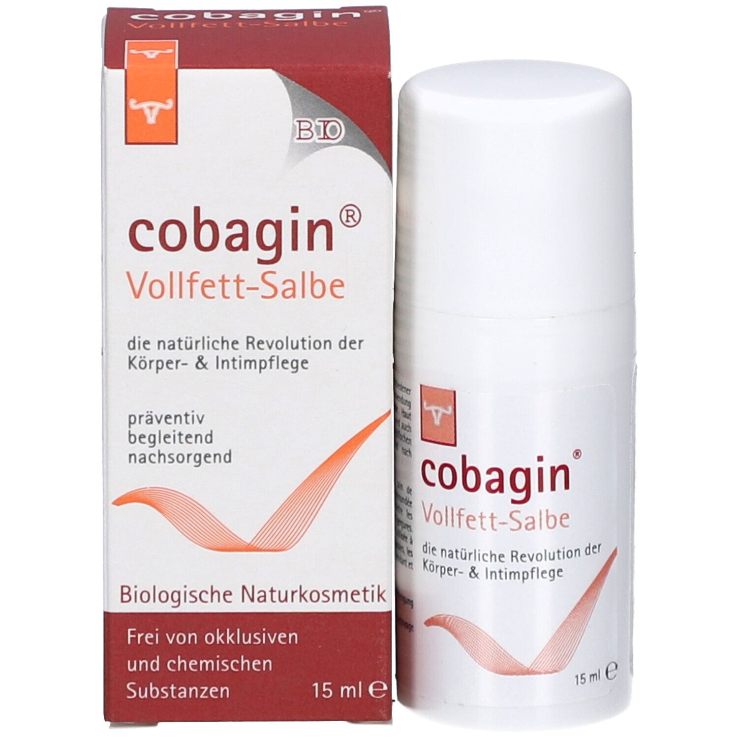 Produktverpackung und Roll-on-Behälter. Aufschrift: cobagin® Vollfett-Salbe. Logo mit stilisiertem Tier. 15 ml. Bio-Siegel.