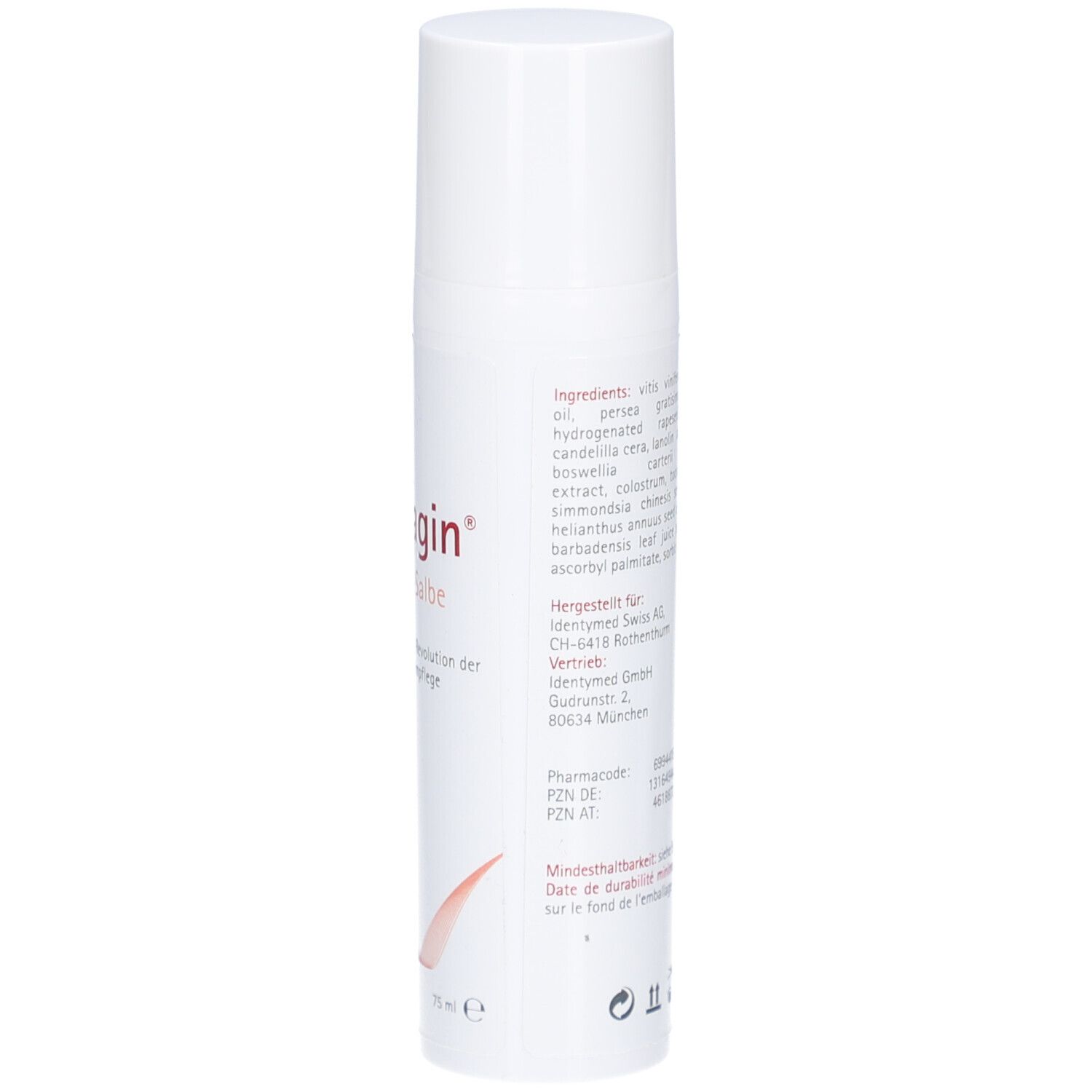 Weiße Flasche mit Text. Zutatenliste in Deutsch. "cobagin" und "Vollfett-Salbe" nicht sichtbar.