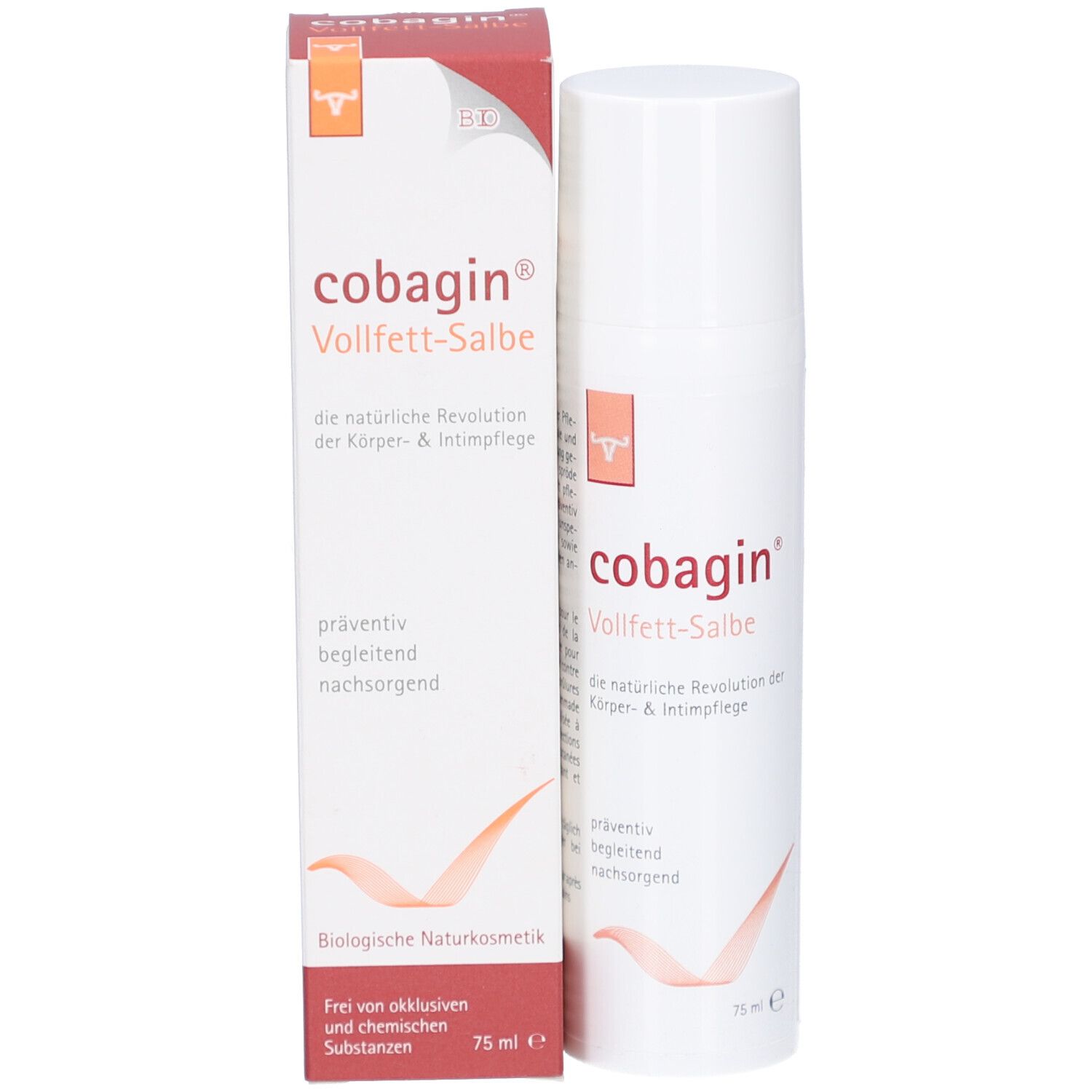 Produkt und Verpackung. Weiße Flasche mit "cobagin" und "Vollfett-Salbe". Rote Verpackung.