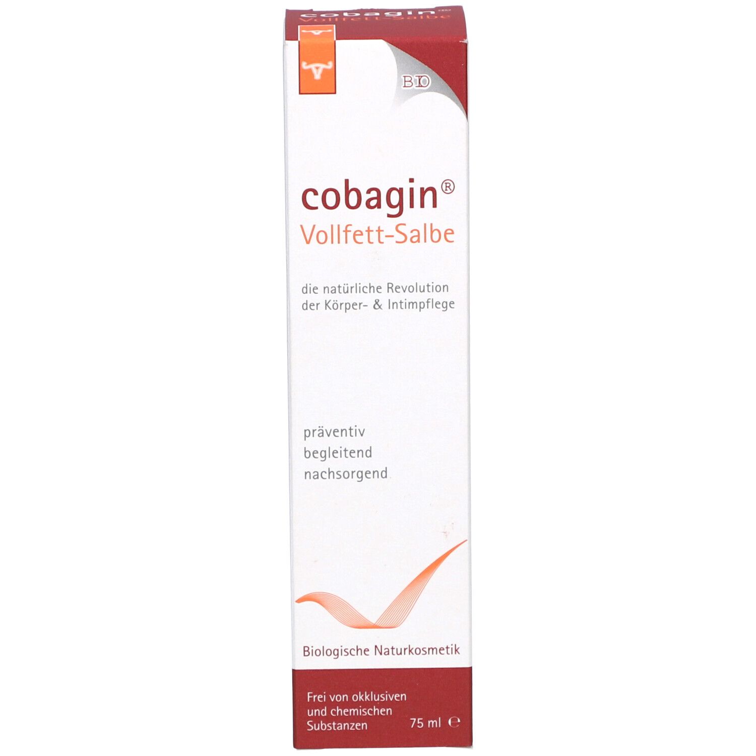 Rote Verpackung mit "cobagin" und "Vollfett-Salbe". Text und Logo. 75 ml.