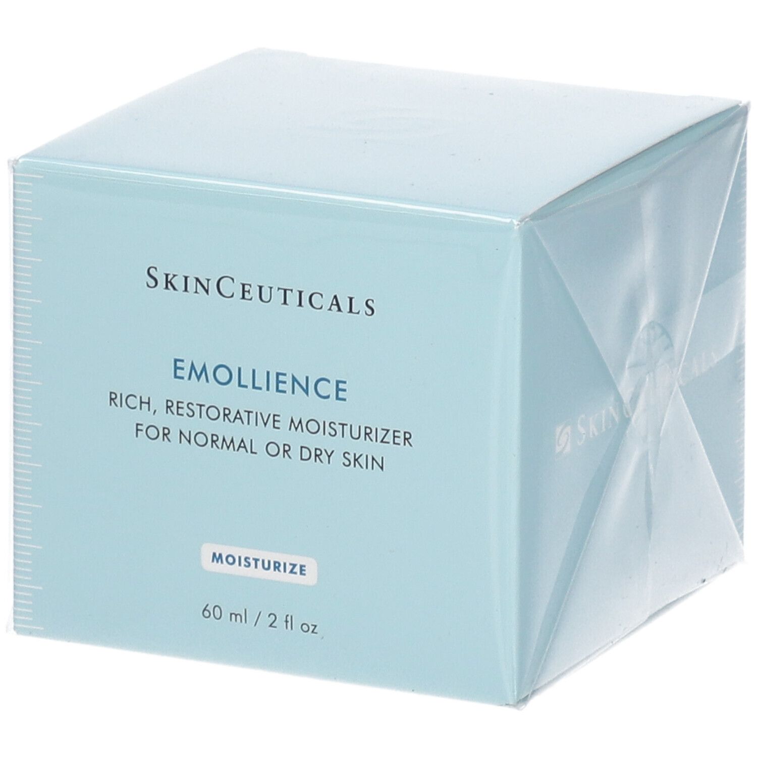 Skinceuticals Emollience Creme in Verpackung. Hellblaue Schachtel mit Produktnamen und Beschreibung. 60 ml / 2 fl oz.
