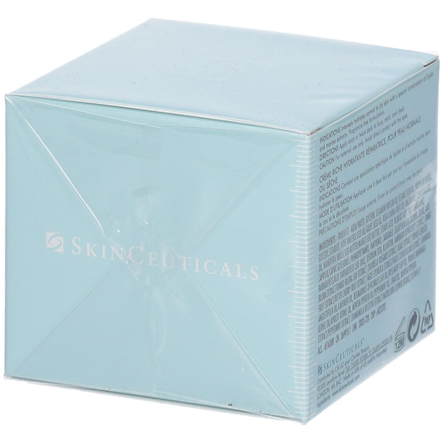 Rückseite der Skinceuticals Emollience Creme Verpackung. Text in mehreren Sprachen. Inhaltsstoffe und Anweisungen.