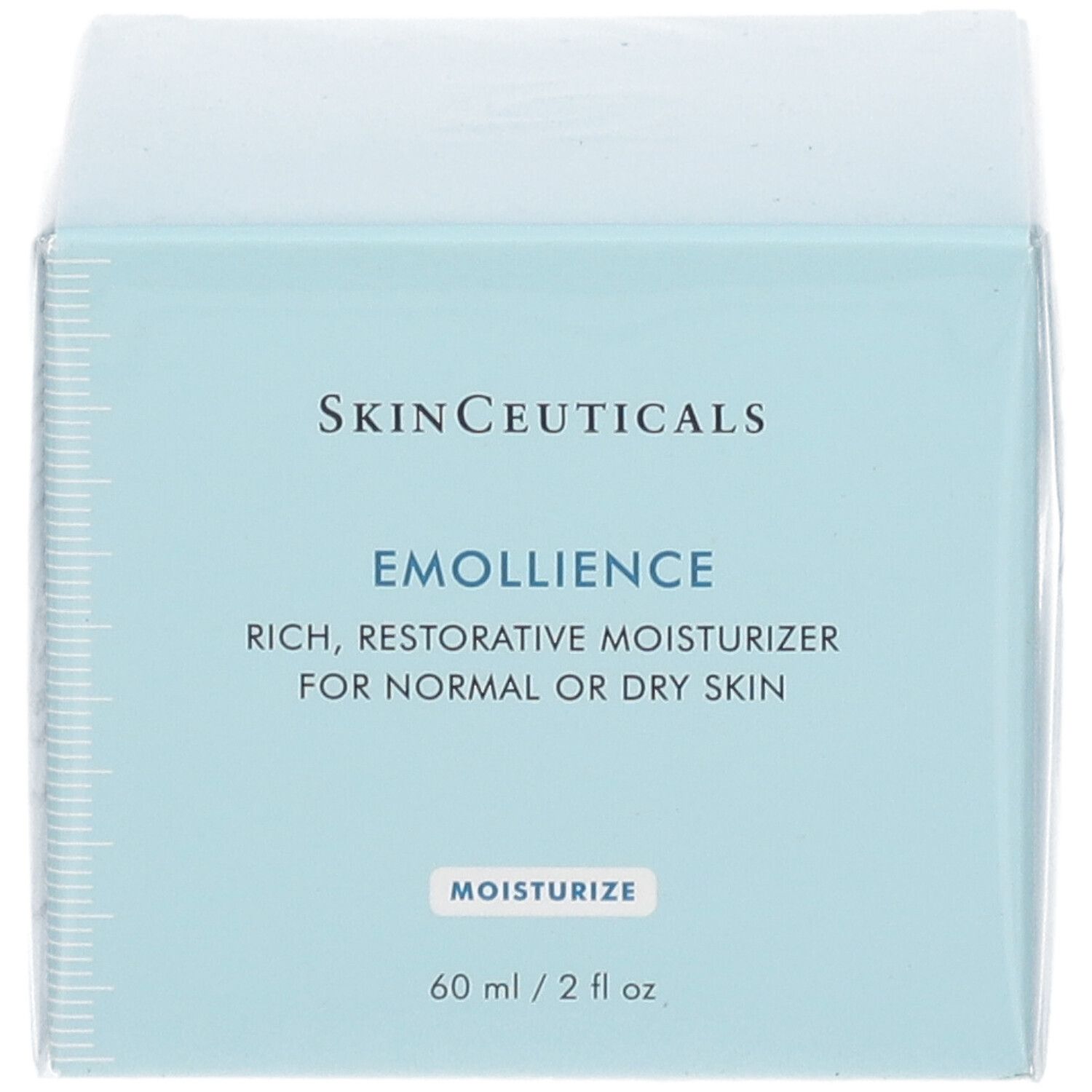 Vorderseite der Skinceuticals Emollience Creme Verpackung. Produktname, Beschreibung und Größe. Hellblaue Schachtel.