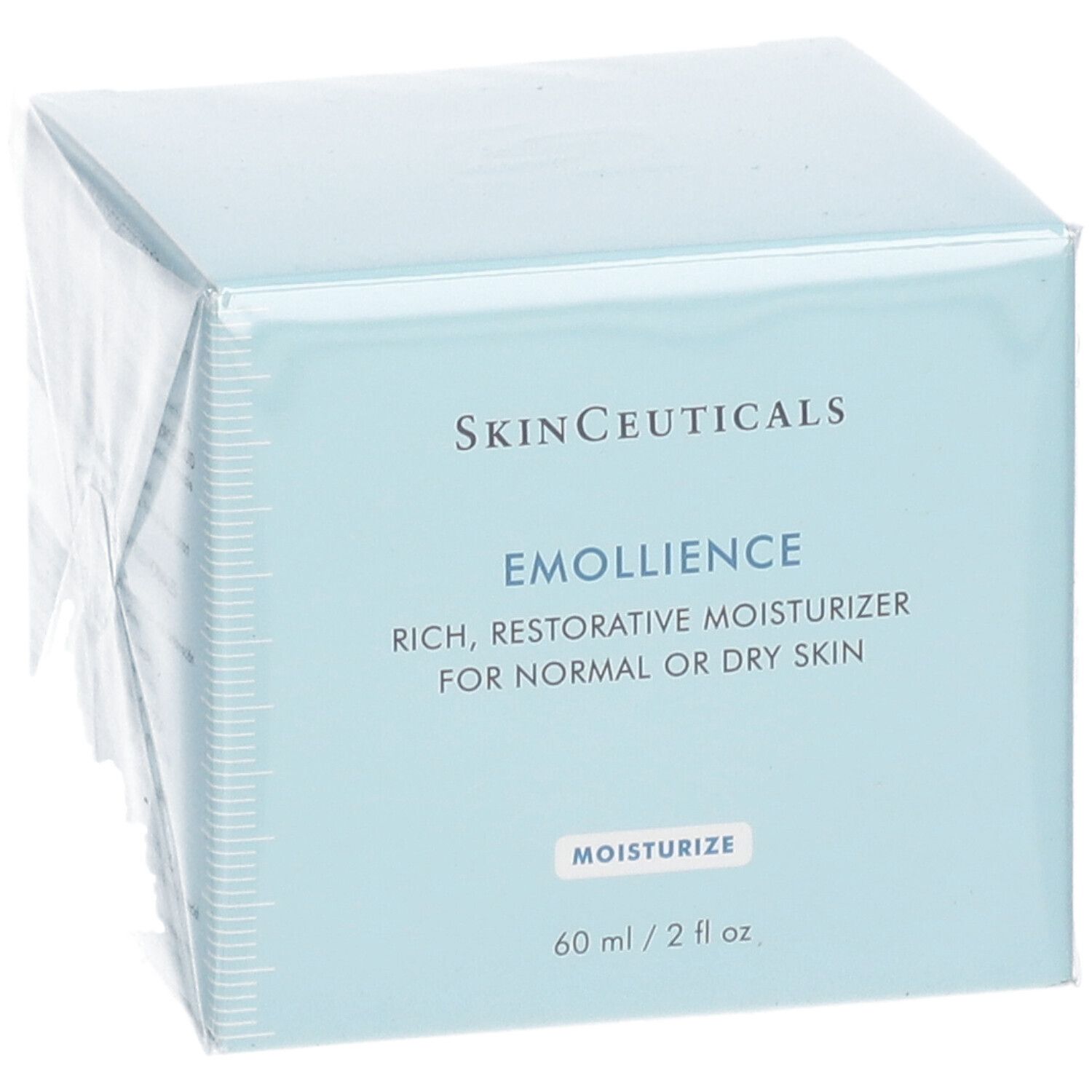 Skinceuticals Emollience Creme in Verpackung. Hellblaue Schachtel mit Produktnamen und Beschreibung. 60 ml / 2 fl oz.