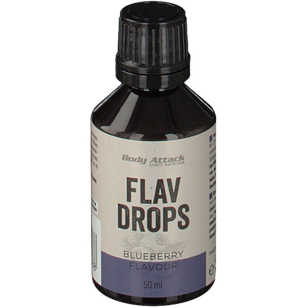 Kleine Flasche mit schwarzem Deckel. Aufschrift: Flav Drops, Blueberry Flavour. 50 ml.