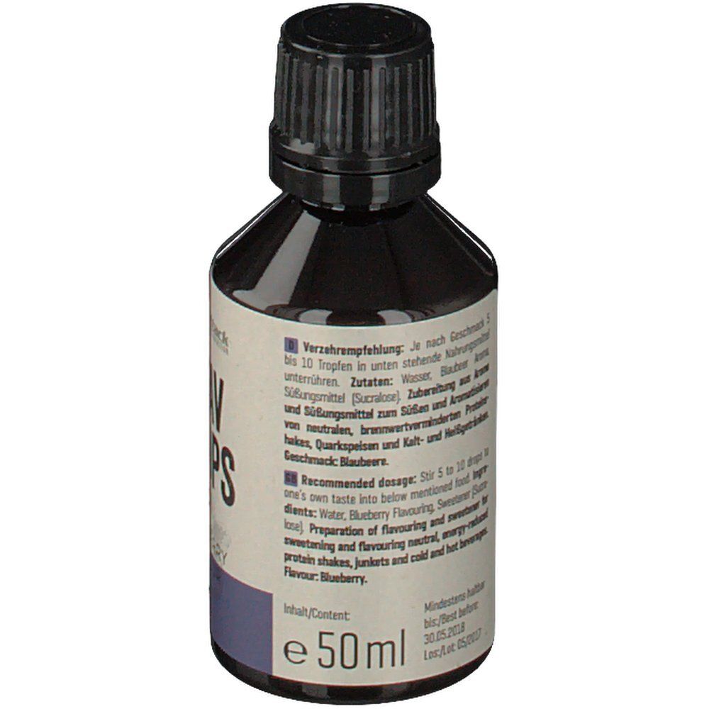 Flasche mit schwarzem Deckel. Aufschrift: Flav Drops, Blueberry Flavour. Rückseite mit Text.
