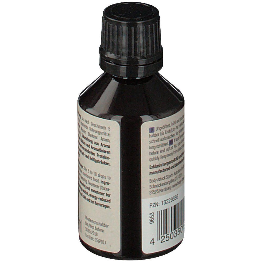 Flasche mit schwarzem Deckel. Rückseite mit Text und Barcode. Aufschrift: Flav Drops, Blueberry Flavour.