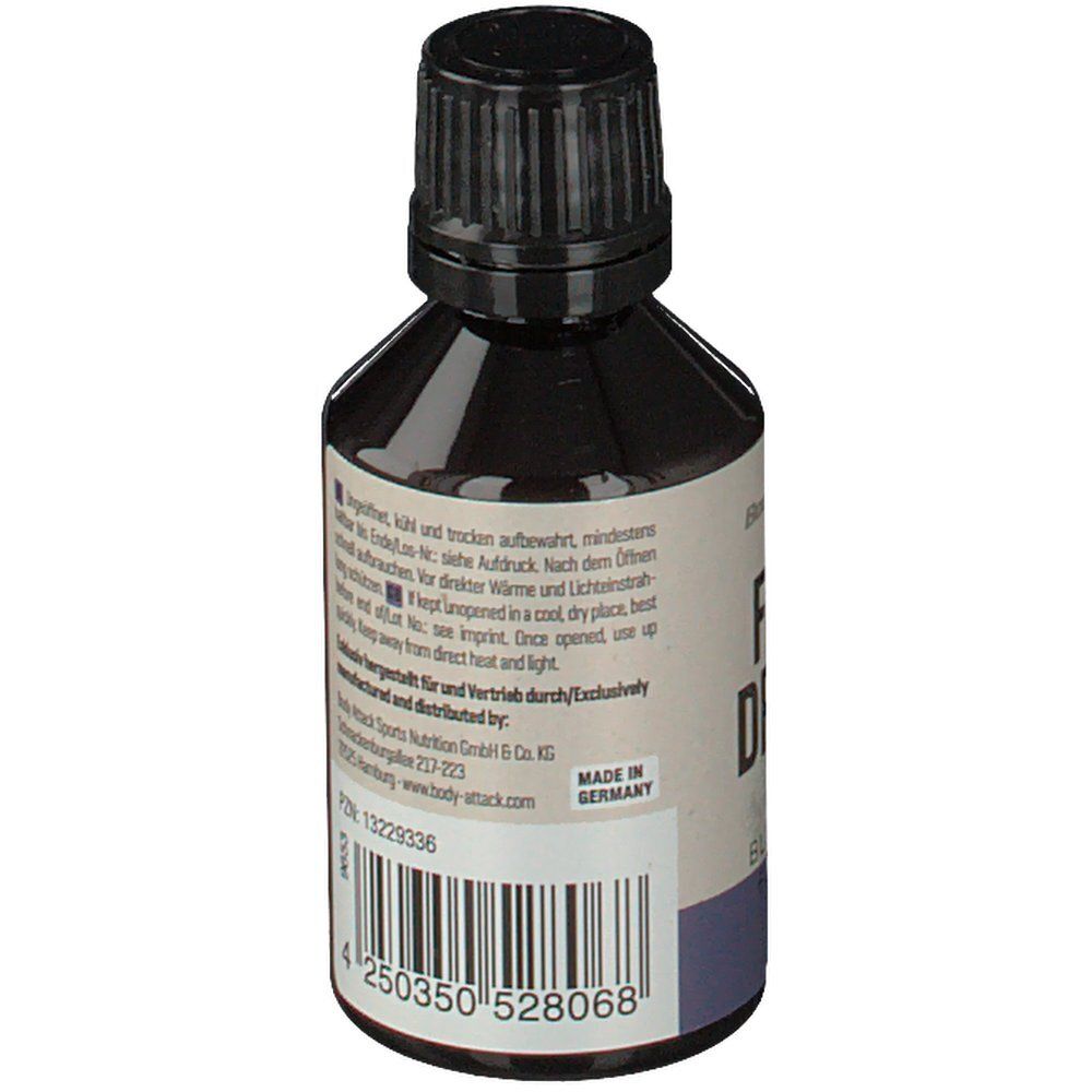 Flasche mit schwarzem Deckel. Rückseite mit Text, Barcode und Made in Germany. Aufschrift: Flav Drops.