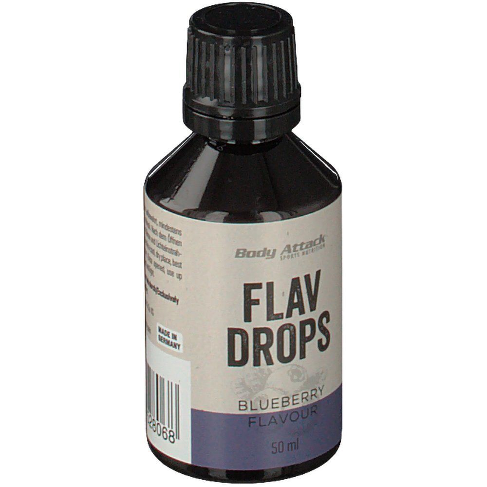 Kleine Flasche mit schwarzem Deckel. Aufschrift: Flav Drops, Blueberry Flavour. 50 ml. Made in Germany.