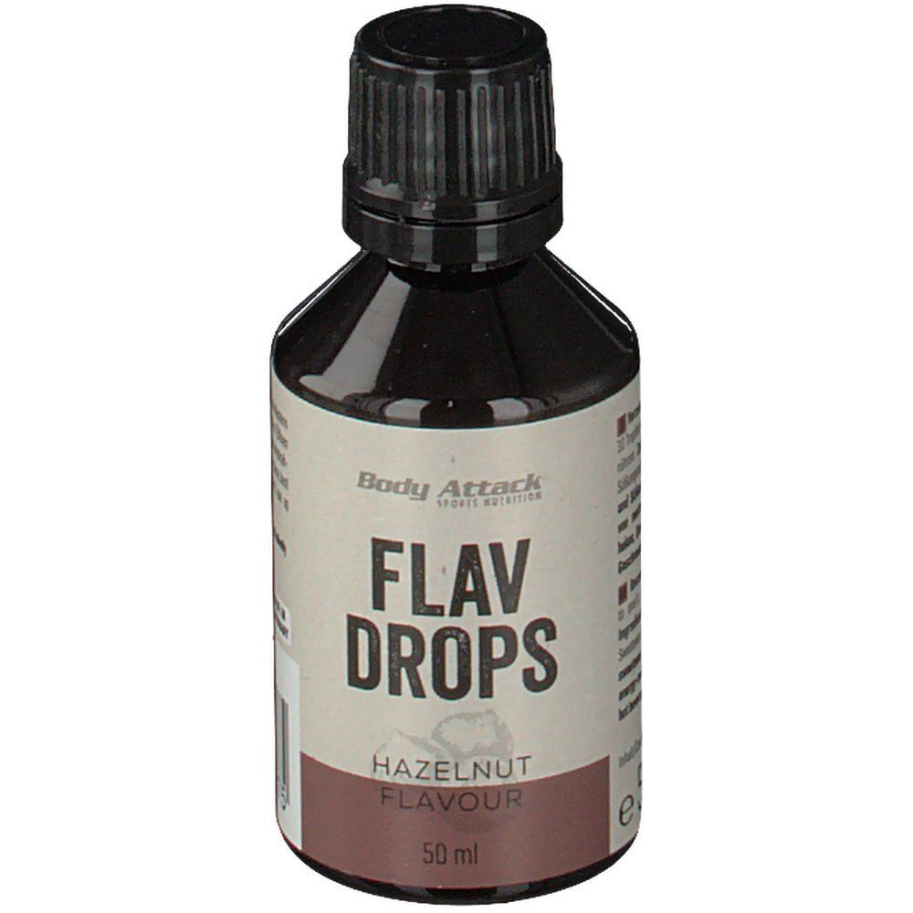 Braune Flasche mit schwarzem Deckel. Aufschrift: Body Attack Flav Drops Hazelnut Flavour. 50 ml.