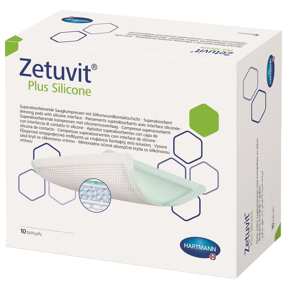 Verpackung von Zetuvit® Plus Silicone. Zeigt ein Produktbeispiel. 10 Stück. Hartmann Logo.