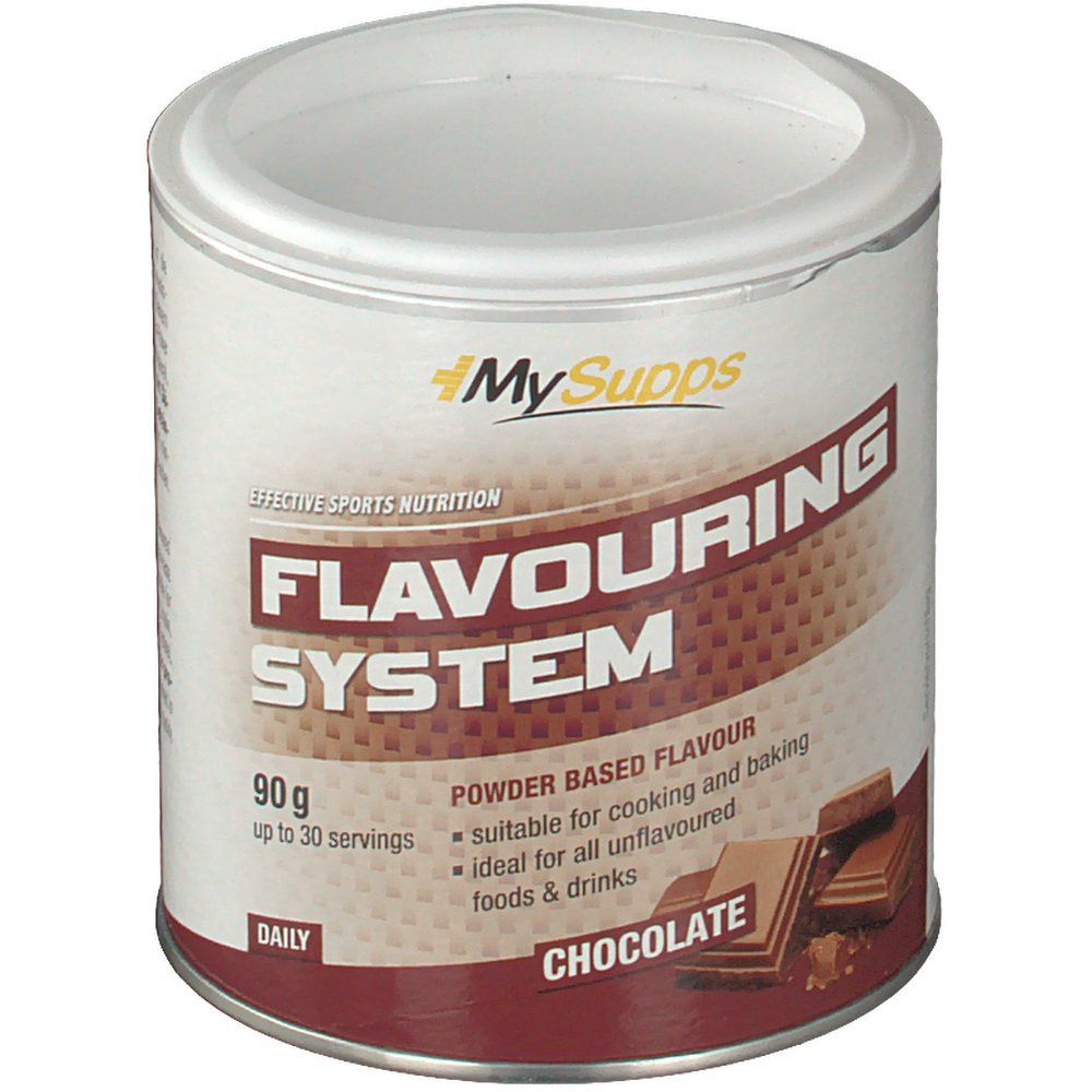 Dose mit MySupps Flavouring System. Aufschrift: Flavouring System, Chocolate, 90g, bis zu 30 Portionen. Geeignet für Kochen und Backen.