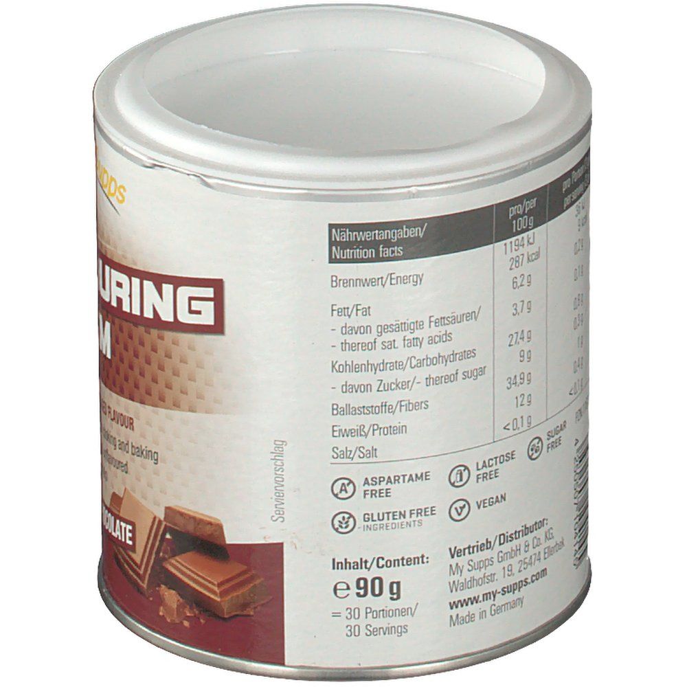 Rückseite der Dose mit Nährwertangaben, Inhaltsangabe, und Zertifizierungen. Enthält Aspartam, ist glutenfrei, laktosefrei und vegan.