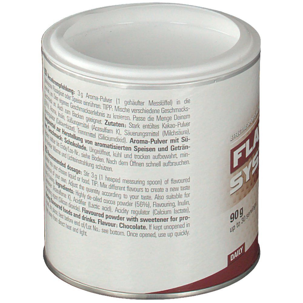 Dose mit Zutatenliste und Verzehrempfehlung. Enthält Kakaopulver, Aroma, Süßstoff. Geeignet für aromatisierte Speisen und Getränke.