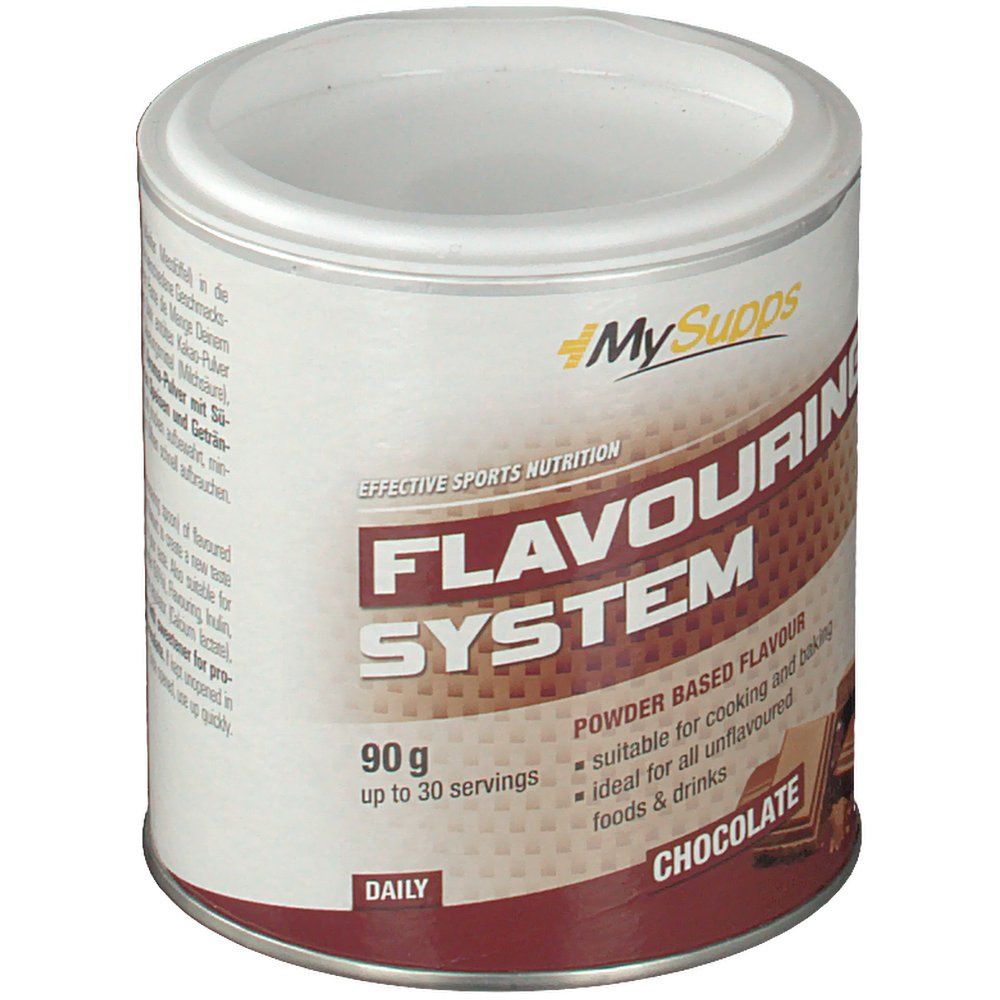 Dose mit MySupps Flavouring System. Aufschrift: Flavouring System, 90g, bis zu 30 Portionen. Geeignet für Kochen und Backen. Geschmack: Chocolate.