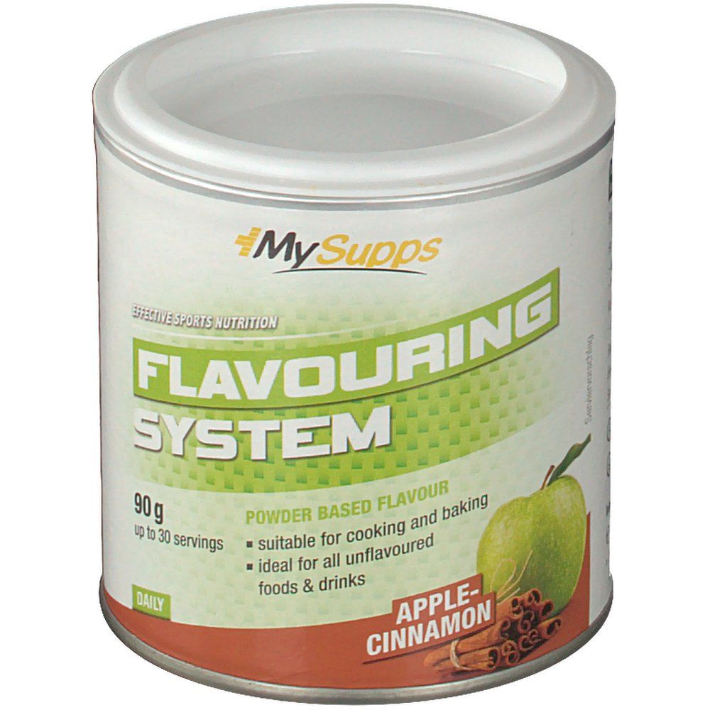 Dose mit "MySupps Flavouring System Apple-Cinnamon". Grün-weißes Etikett mit Apfel- und Zimt-Illustration. 90g, bis zu 30 Portionen.