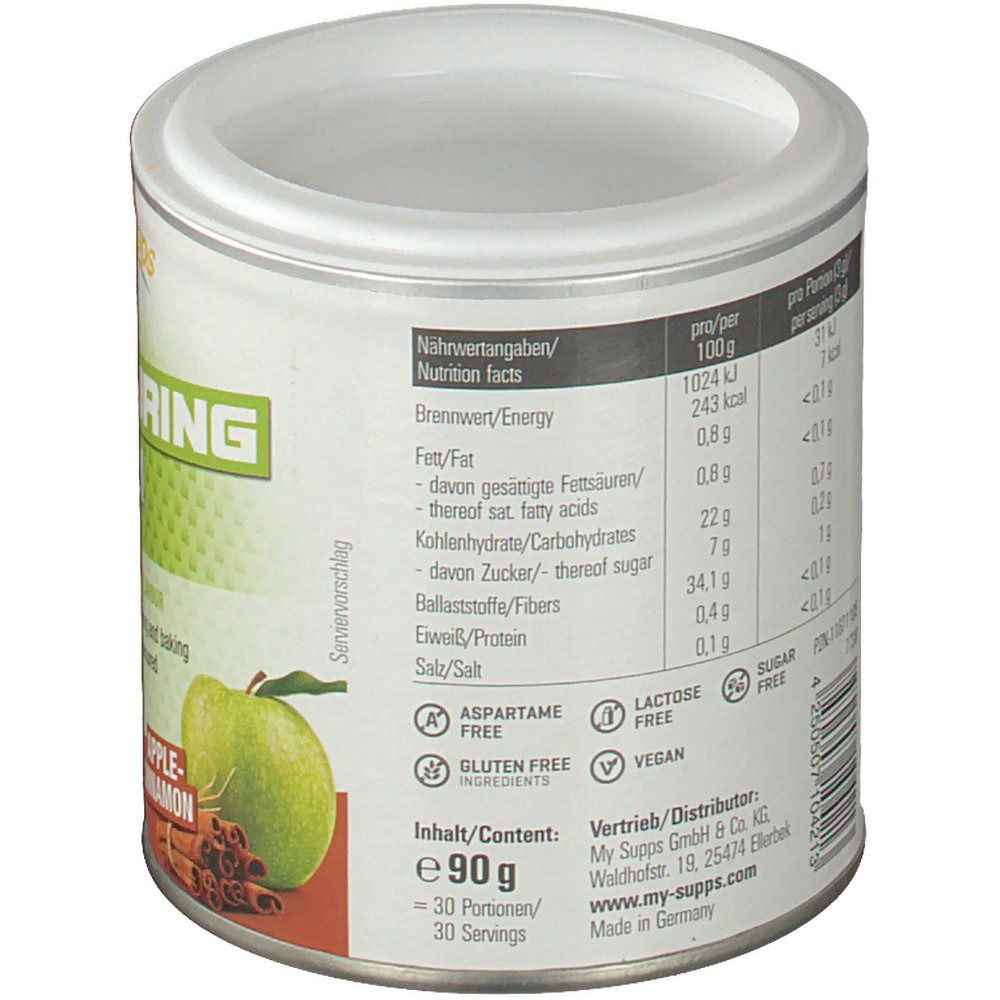 Rückseite der Dose "MySupps Flavouring System". Nährwertangaben, Zutatenliste, Aspartamfrei, Laktosefrei, Vegan, Zuckerfrei. E 90g, 30 Portionen.