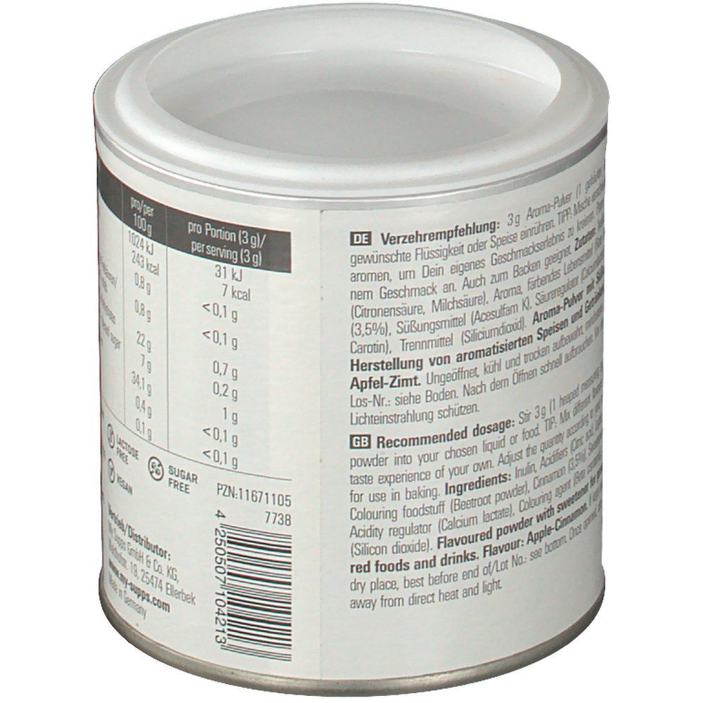 Dose "MySupps Flavouring System". Nährwertangaben, Zutatenliste, Verzehrempfehlung. Aspartamfrei, Laktosefrei, Vegan, Zuckerfrei. E 90g, 30 Portionen.