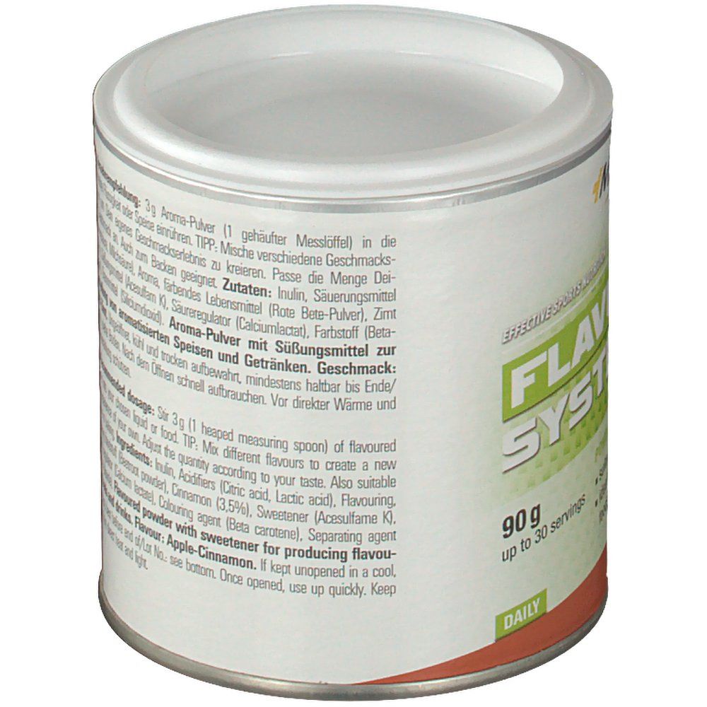 Dose "MySupps Flavouring System". Zutatenliste, Verzehrempfehlung. Aspartamfrei, Laktosefrei, Vegan, Zuckerfrei. E 90g, 30 Portionen.
