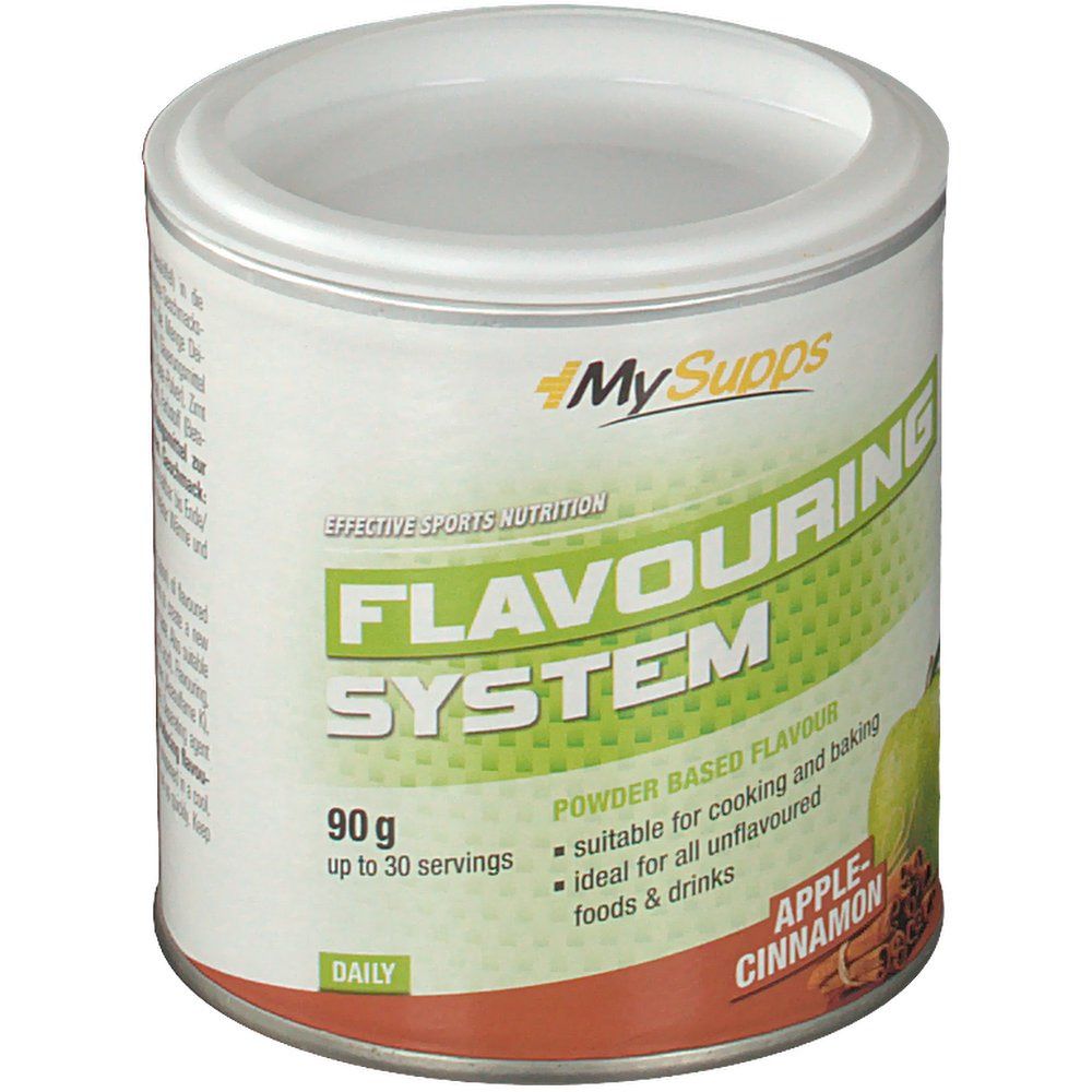 Dose "MySupps Flavouring System Apple-Cinnamon". Grün-weißes Etikett mit Apfel- und Zimt-Illustration. 90g, bis zu 30 Portionen.