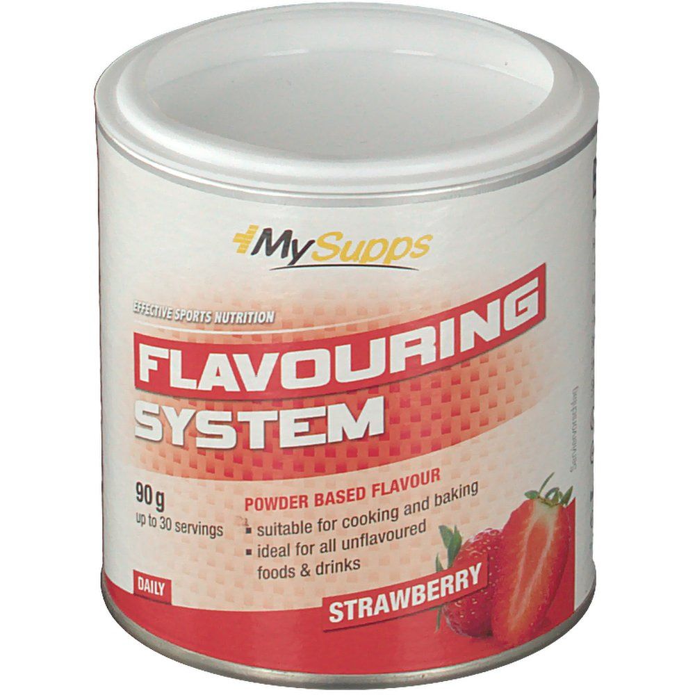 Runde Dose mit weißem Deckel. Aufschrift: FLAVOURING SYSTEM, Erdbeere. Enthält 90g Pulver. Marke: MySupps.