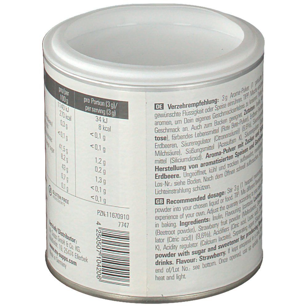 Dose mit weißem Deckel. Rückseite mit Nährwertangaben und Inhaltsstoffen. Glutenfrei. Enthält 90g. Dosierungsempfehlung.