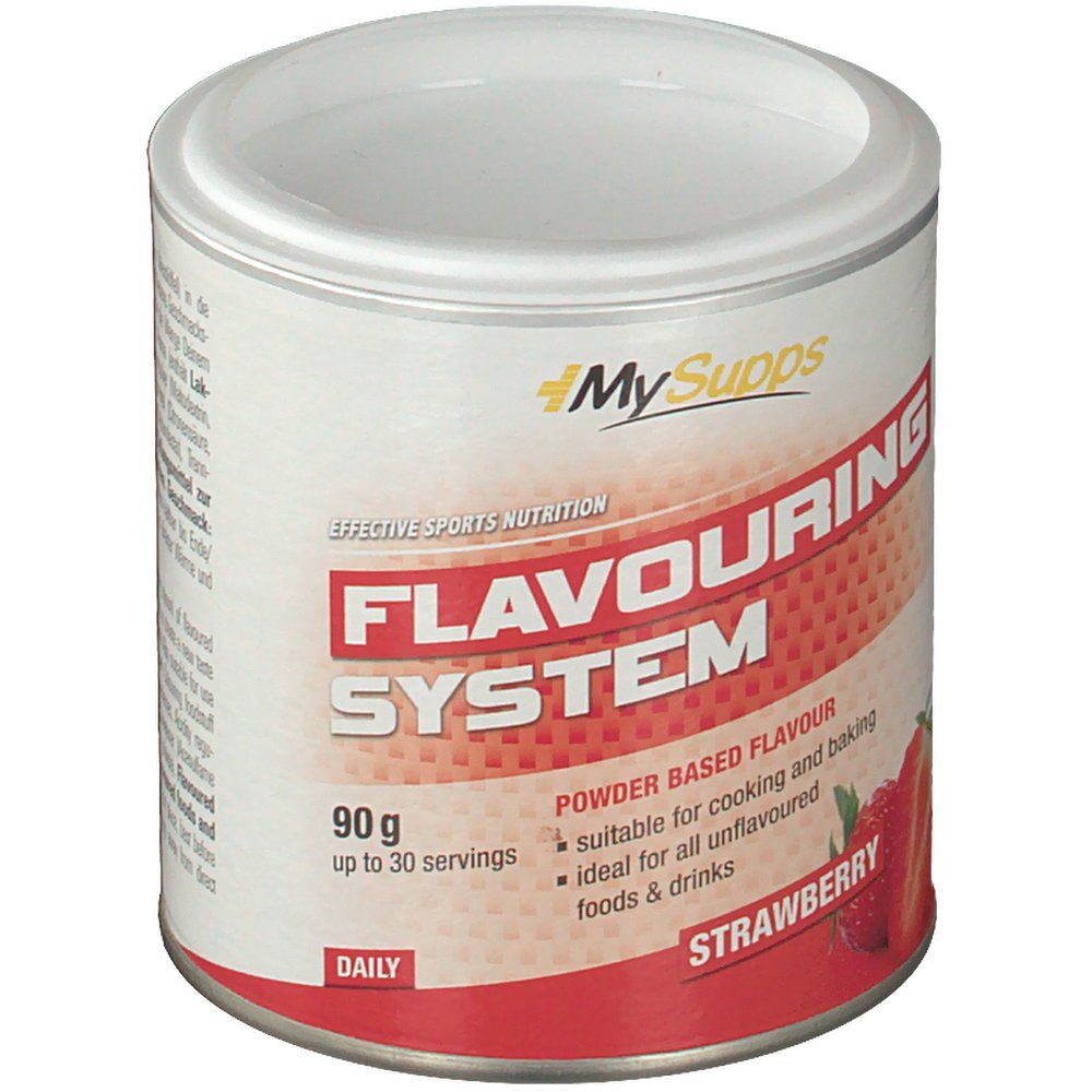 Runde Dose mit weißem Deckel. Aufschrift: FLAVOURING SYSTEM, Erdbeere. Enthält 90g Pulver. Marke: MySupps.