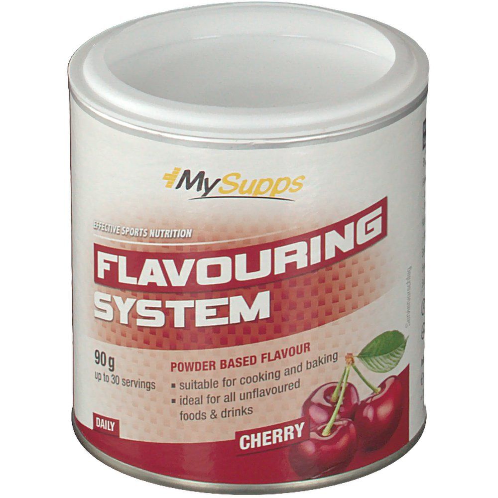 Dose MySupps Flavouring System, Kirschgeschmack. Rote und weiße Dose mit Produktnamen und Kirschabbildung. 90g.