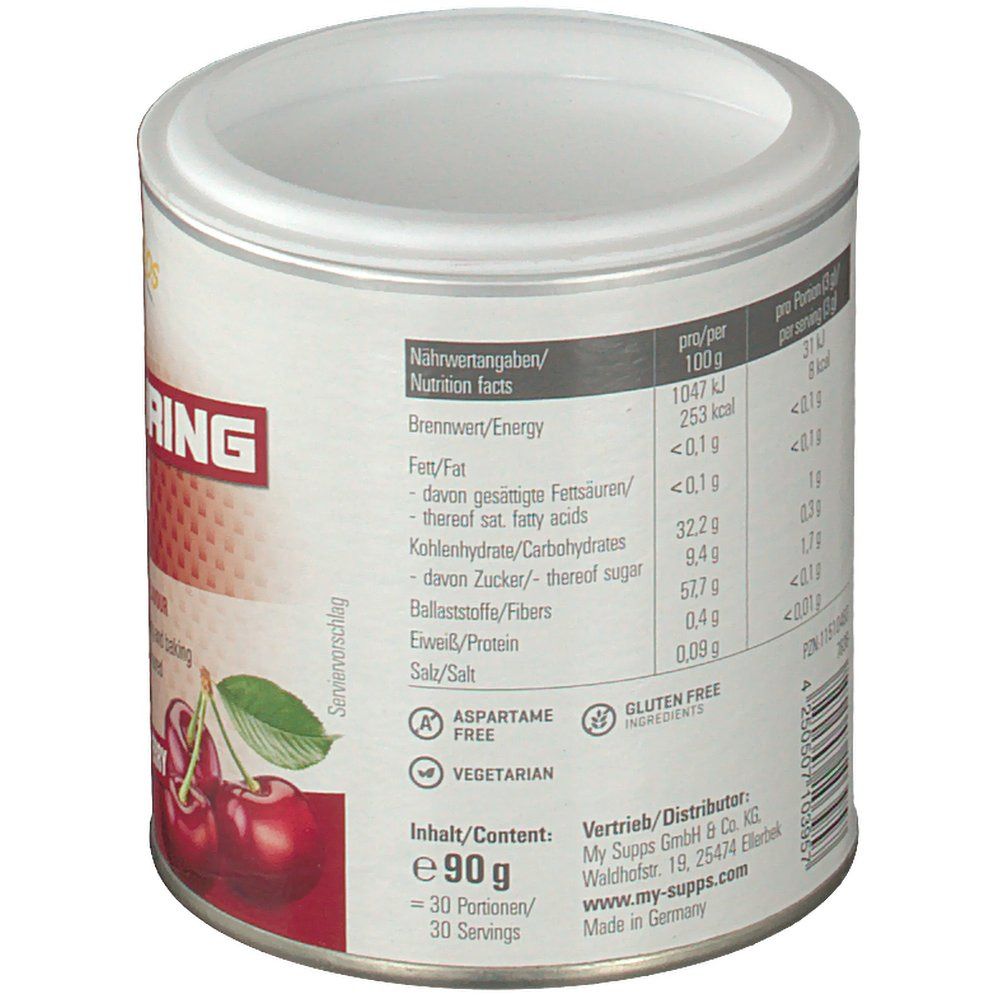 Rückseite der Dose MySupps Flavouring System. Enthält Nährwertangaben, Zutatenliste, und Zertifizierungen. 90g Inhalt.
