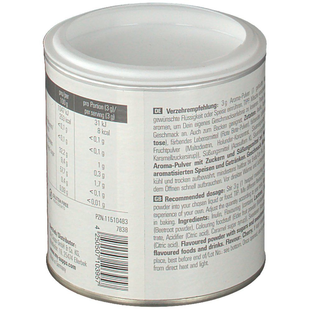 Rückseite der Dose MySupps Flavouring System. Enthält Verzehrempfehlung und Zutatenliste. Glutenfrei und vegetarisch.