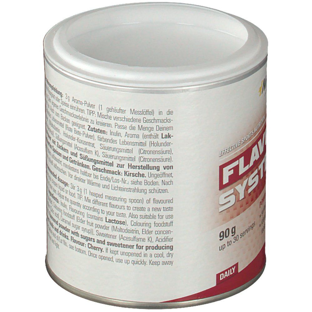 Dose MySupps Flavouring System, Kirschgeschmack. Enthält Informationen zu Zutaten und Anwendung. 90g.