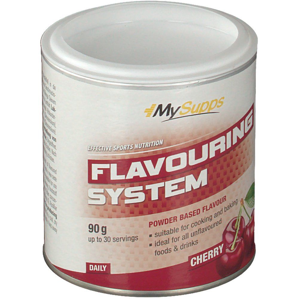Dose MySupps Flavouring System, Kirschgeschmack. Rote und weiße Dose mit Produktnamen und Kirschabbildung. 90g.
