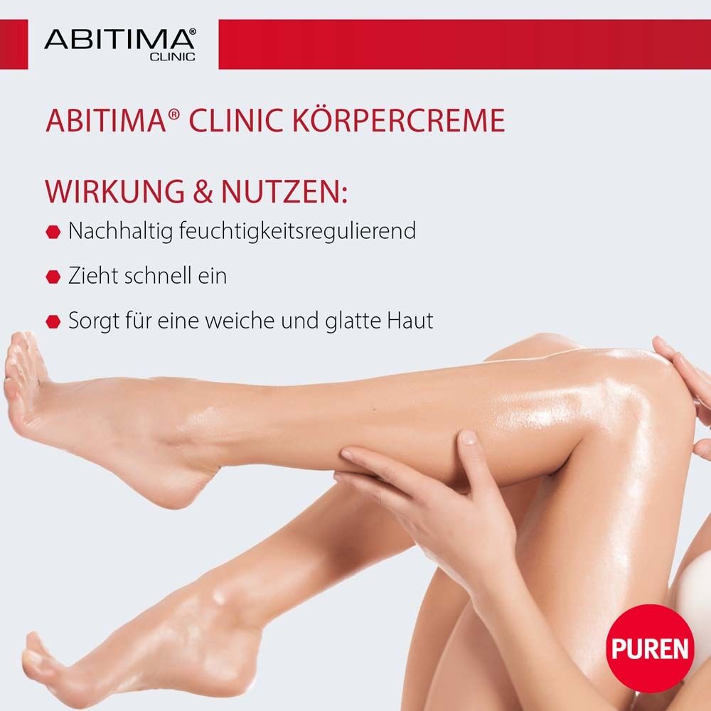 Beine mit eingecremter Haut. Text: ABITIMA® CLINIC Körpercreme. Wirkt feuchtigkeitsregulierend, zieht schnell ein, sorgt für weiche Haut.